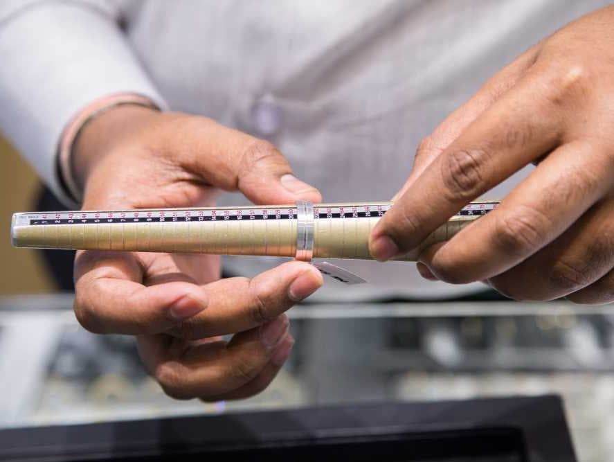 mage by Katiekk via Shutterstock - 2 hands measuring the size of a ring