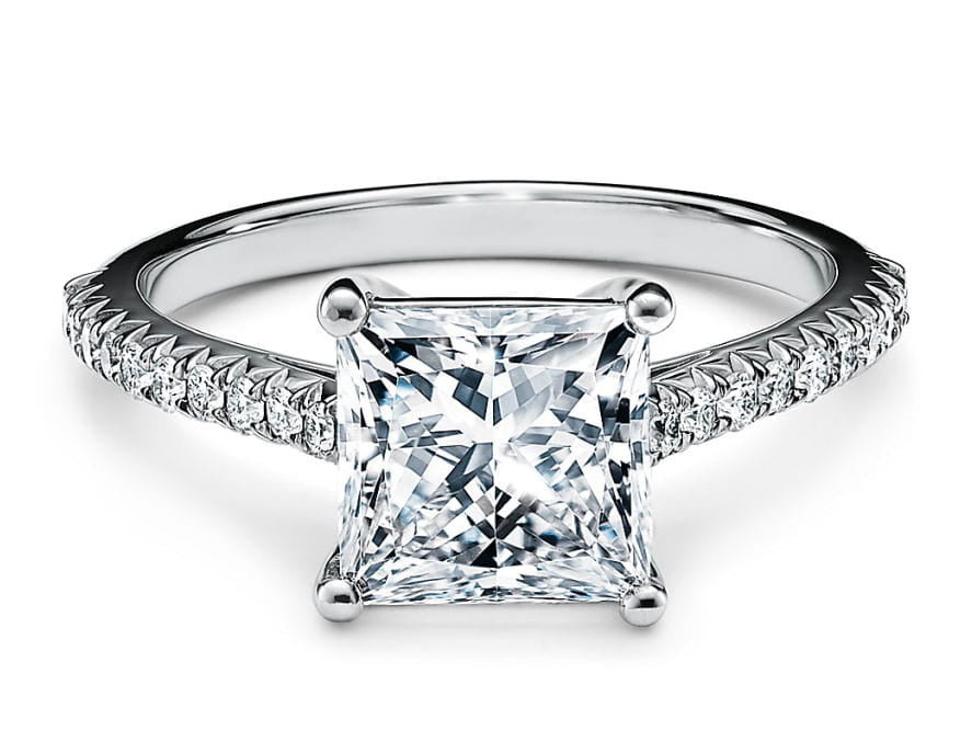 F-Image via Tiffany - princess cut engagement ring with a pavé diamond platinum band