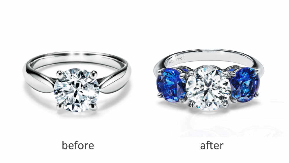 Resetting a diamond ring by adding color gemstone: before after